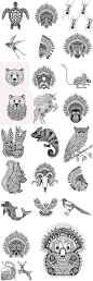 波西米亚风黑白线条动物纹身刺绣矢量设计素材   - PS饭团网