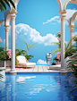 3d design illustration with a pool area, in the style of pastel-colored scenes, tropical baroque, sky-blue, advertisement inspired, illustration, nature-inspired, nature-inspired compositions
