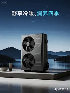 jimeng-2025-09-08-3916-石墨灰双风扇中央空调海报，远山湖泊大场景，机器下面有台面，在画面中间，背景深蓝色