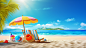 Tropical beach with sunbathing accessories, summer holiday background