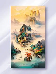 中国水墨画山水飞鸟云雾古建筑大气绚丽霞光图风景山水