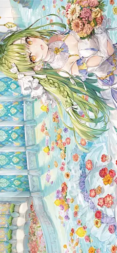 ももこ  二次元少女  
动漫壁纸  绿发  手捧花