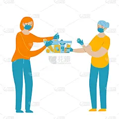 一位妇女给一位年老的母亲送食物。隔离大流行性冠状病毒或covid-19的社交距离期。