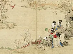 【佚名 清 《升平乐事图册》】

清宫绘本《昇平樂事圖册》十二开，18.5×24.3厘米×8。台北故宫博物院藏。

《昇平樂事圖》共計十二開，描繪宮廷仕女、孩童，於庭院中嬉戲鬧元宵，賀新年等歡樂情景。畫中提燈有象、鶴、鹿、蝙蝠、鷹、兔，魁星等，樣式多元，製作精美，清宮過年奢華景況，表露無遺。
畫无名款，依精麗之畫風看來，應為院畫家所作。

传统节庆起源于农业社会，在春耕、夏耘、秋收、冬藏之间，为了调节生活节奏，反映岁时季节的变化，遂订定各种节日，并随着时间递嬗，逐渐形成丰富的节令习俗。从各地的新年庆祝，一