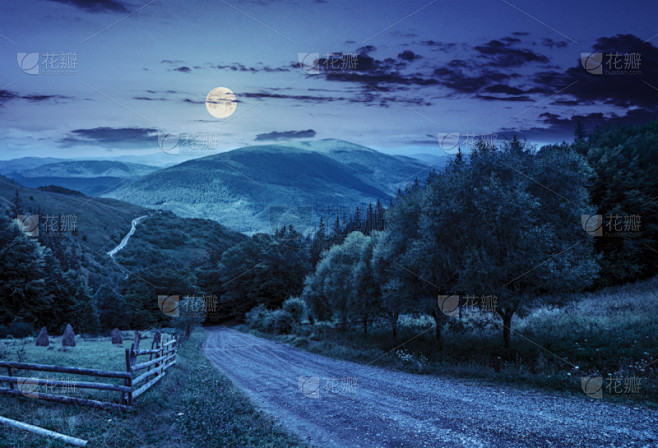 夜晚,山,森林,路,篱笆,自然,合成图像,草地,水平画幅,无人