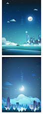 唯美现代城市夜晚夜景星空月亮流星灯光烟花风景插画AI矢量素材-淘宝网