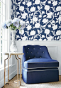 Cabrera #wallpaper in Navy, Brentwood Chair with Skirt in Dyed Sack woven #fabric in Denim #thibaut