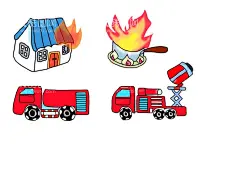 消防  - 源文件下载【酷图网】房屋着火,厨房灶火,水罐消防车,干粉消防车,红色,火