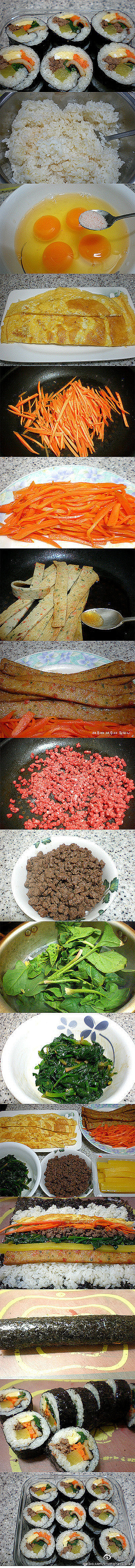 【韩国料理】牛肉紫菜饭：1.米饭里放盐和...