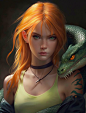 Portrait of a beautiful female posing with orange hair with a largre green python around her neck, wearing a tank top, sweatshirt wrapped around her waist, art by WLOP, sakimichan, Ross Tran , trending on artstation, award winning photo, masterpiece, oran