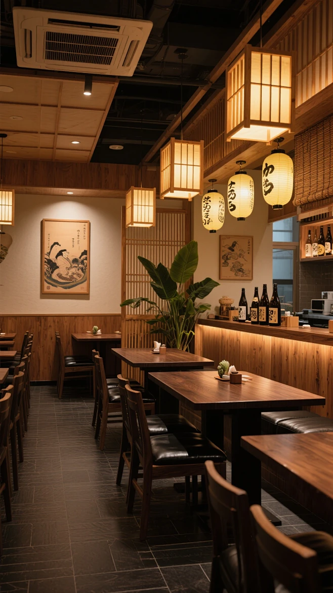 温馨雅致的日式居酒屋餐厅内部场景，原木色与暖棕色为主色调，柔和的暖黄色灯光从木质格栅灯罩中洒下，照亮深色实木餐桌与黑色皮质座椅，墙面装饰着 ...