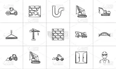 建筑业,草图,图标集,白色,分离着色,轮廓,信息图表,制造机器,绘制,收集