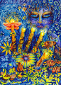 水彩画的一个空灵的女性存在，触摸的光与她的手，周围的飞蛾，吸引了手指的光芒。