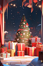 Christmas scene with lots of gifts and a box, in the style of vibrant stage backdrops, aurorapunk, zhang kechun, dreamlike atmosphere, photorealistic scenes, eye-catching, theatrical