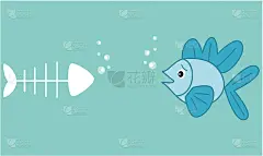 可爱的卡通小蓝鱼和鱼骨搞笑幽默的概念矢量插画关于死