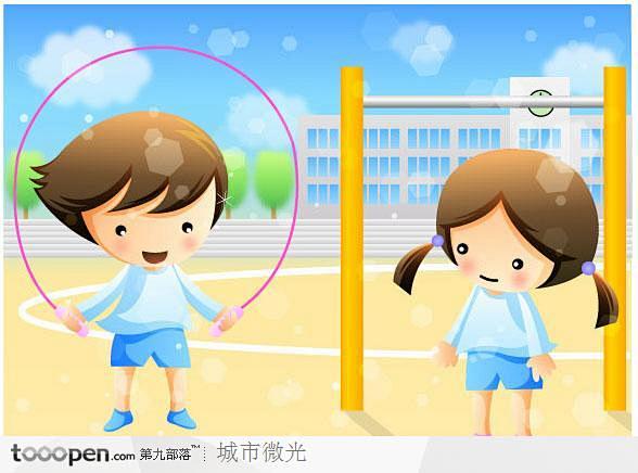 精彩童年插画操场上跳绳的男孩和女孩