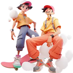 通用3D时尚感卡通感插画狂欢人物滑板双人多人贴纸