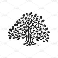 巨大和神圣的橡树剪影标志徽章孤立在白色的背景。