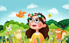 春暖花开春天春彩色卡通手绘春天春日立春小女孩动物原创插画海报春天人物