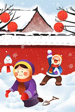 冬季风雪堆雪人可爱卡通风景插画