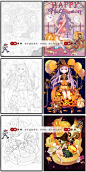 353卡通扫帚南瓜女巫万圣节小学生幼儿园涂色简笔画线稿插画素材-淘宝网