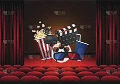 电影电影海报设计。矢量模板横幅展示与座位，爆米花，票