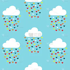 Seamless pattern with clouds and colored hearts ra