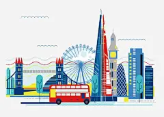 城市巴士png免抠素材_新图网 https://ixintu.com 摩天轮 巴士 高楼大厦 树木 手绘