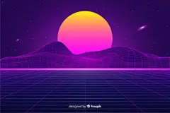 复古网格与夕阳霓虹灯效果的数字景观插画