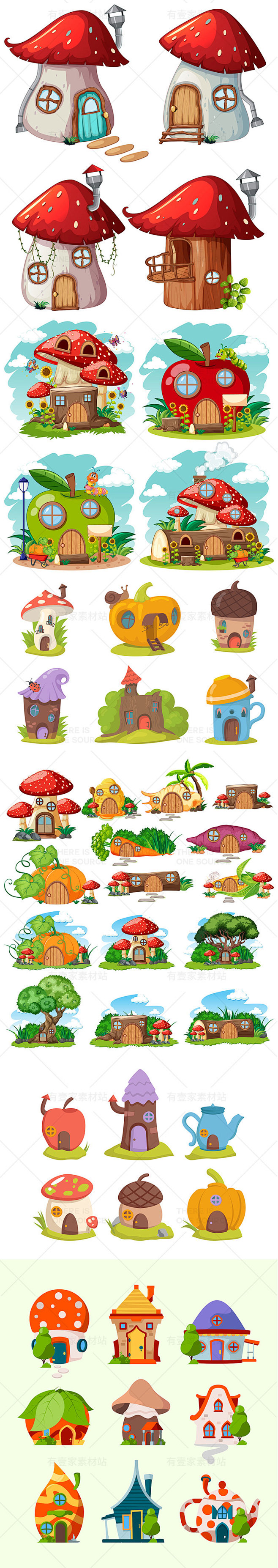 卡通儿童梦幻童话蘑菇水果蔬菜房子建筑房屋...