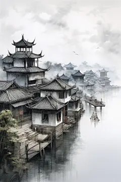 水墨画风徽派建筑江南水乡插画