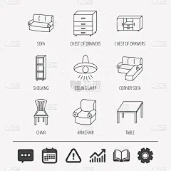 角落沙发，桌子和扶手椅图标。