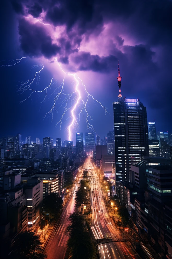 夜晚天空城市暴雨闪电天气摄影图图片_摄影图片素材-花瓣网