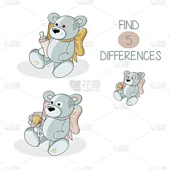 快乐的小熊。儿童逻辑益智游戏。需要找到5个不同点。矢量卡通插图孤立在白色背景。所有对象都是分离的