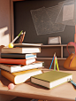 a set of school supplies and books with a blackboard in the background, in the style of daz3d, colorful animation stills, design/architecture study, rendered in unreal engine, bengal school of art, engineering/construction and design, light brown and whit