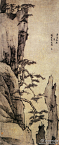 
#水墨画#【 清 弘仁 《黄海松石图》】立轴，纸本，198.7×81cm，1660年作，上海博物馆藏。 此图取黄山一景，以勾为主，以染代皴，很好地表现了山石坚硬之质感。构图上，大疏大密，计白当墨，开合有致，新颖而大胆。整个画法既有元人松灵的笔墨特点，又有宋人大山大石的壮美气象。



