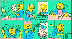  线条不一定要过于规律，相反不规律的线条很能让人感觉随意轻松活泼，当然避免生硬的线条。
这是一组早上起床做哪几件事情能提升你工作效率的插画，起床看文章，把自己打扮美美的，吃早餐，锻炼身体等等！作者通过这种生活里场景细腻观察，趣味的表达，让设计更加生动，所以卡通简笔风格在设计创意上，一定是需要有故事性，巧妙的能将生活里场景很好的通过图形化传递给用户。
