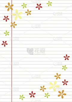 矢量空白的信件或贺卡。笔记本纸，白色线条，彩色花朵。A4格式大小。