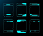 This may contain: a set of nine different types of electronic devices in neon blue lights on a black background