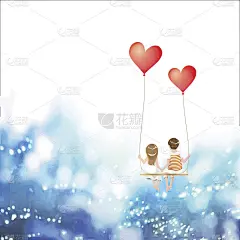 卡通情侣在心形气球上摇摆，蓝天白云