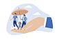 Life insurance, family protection to assure members will be financially supported and risk cover concept, lovely family with husband, wife and kids in supporting hand with umbrella cover protection. : Download the Life insurance, family protection to assu