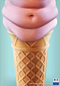 冰淇淋，没有人不知道吧？法国卫生部发起了广告征集活动，主题是关注日益严重的儿童肥胖问题。这幅广告很好的阐述了主题，原创概念、插图、艺术指导以及文案都出自大卫 • 勒之手，广告设计了一个顶着大肚皮的冰淇淋，标语是"L'obesite commence des le plus jeune age"，意思是”肥胖始于年轻”。