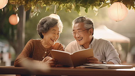 阳光下的老年人正在微笑着看书阅读投入学习...