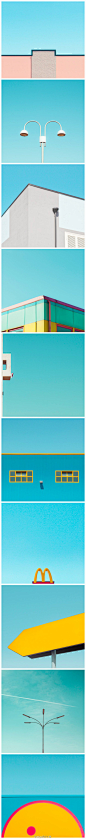 【隐形的天空】摄影师Vittorio Ciccarelli的作品《invisible》，干净得没有一丝瑕疵，建筑的角度和明亮的颜色在蓝天背景下组合成一个带有强烈平面构图味道的图像。在这里，天空和建筑融