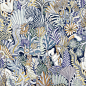 Animaux Camouflés HE.211155 : In this eclectic fantasy jungle, Jan Bajtlik has composed a tropical camouflage where fauna and flora live side by side in harmony. A dreamscape of nature, worked in watercolour on cotton sateen in three variants of over 40 c