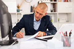 用文件和笔记本电脑工作的成功商人