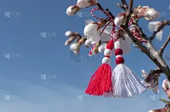 春天的背景与白花和保加利亚春天的象征-马提尼察。3月1日传统白绳红绳和春花。立春的喜庆概念。本空间