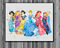 Disney princesses watercolor,  Disney - Art Print, instant download, Watercolor Print, poster : Disney princesses Watercolor Print    Instant Download Printable  You’ll receive an 8x10 inch printable INSTANT DOWNLOAD of a wonderfully