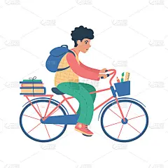 男孩骑自行车上学。平面插画风格。