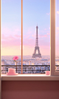 The eiffel tower is in view from a window in paris, in the style of light pink, physically based rendering, 32k uhd, cute and dreamy, romantic interiors, selective focus, realistic rendering